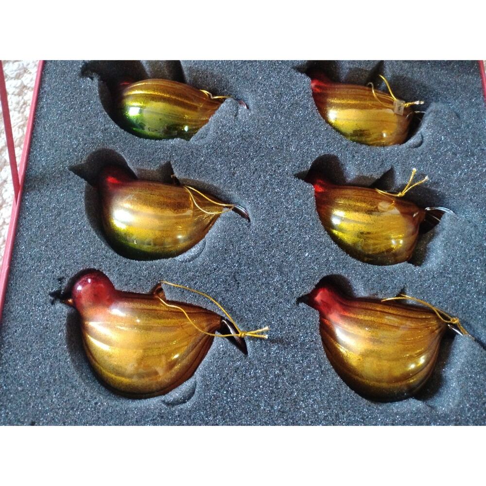 Handblown Art Glass Bird Ornaments Spun Glass Branches Inside 4.5" Set of 6 - Picture 2 of 6